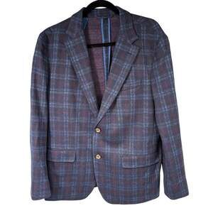 Bonobos Unconstructed Plaid Blazer / Sport Coat Mens 42S Cotton Linen Blend Blue